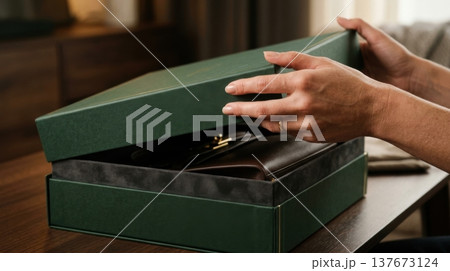 Close Up of Hands Lifting Lid of Premium Forest Green Box Close Up of Hands Lifting Lid of Premium Forest Green Box 137673124