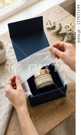 Hands Lifting Delicate Tissue Paper in Luxury Box Reveal Hands Lifting Delicate Tissue Paper in Luxury Box Reveal 137673144
