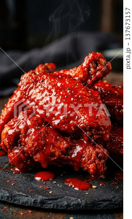 Macro of Spicy Glazed Chicken Wings with Steam and Gloss 137673157