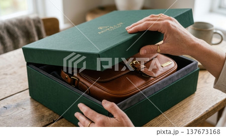 Close Up of Hands Lifting Lid of Premium Forest Green Box 137673168