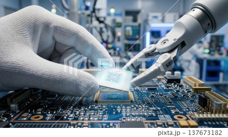 Human and Robot Arm Assembling Microchip in High Tech Cleanroom Human and Robot Arm Assembling Microchip in High Tech Cleanroom 137673182