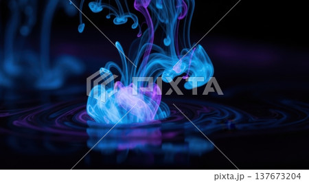 Macro Abstract Glowing Liquid Swirls in Dark Fluid 137673204