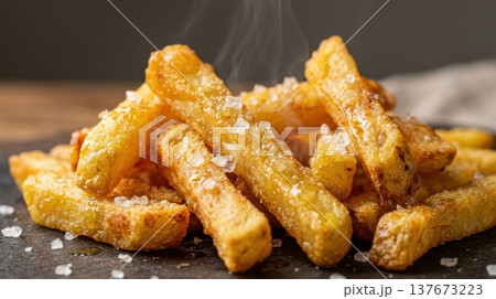 Extreme Macro of Golden French Fries with Sea Salt Crystals Extreme Macro of Golden French Fries with Sea Salt Crystals 137673223