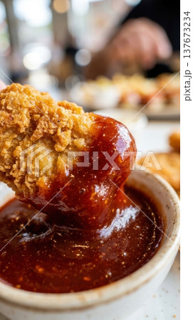 Macro Shot of Crispy Chicken Nugget Dipped into Glossy BBQ Sauce Macro Shot of Crispy Chicken Nugget Dipped into Glossy BBQ Sauce 137673234