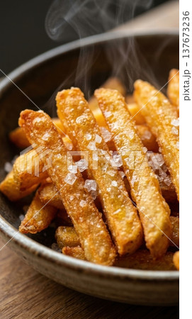 Extreme Macro of Golden French Fries with Sea Salt Crystals Extreme Macro of Golden French Fries with Sea Salt Crystals 137673236