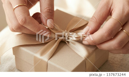 Manicured Hands Untying Silk Ribbon on Premium Gift Box Manicured Hands Untying Silk Ribbon on Premium Gift Box 137673244