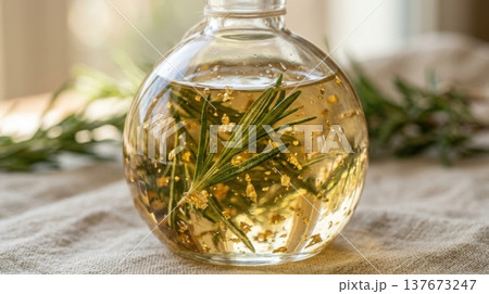 Organic Hair Serum with Suspended Rosemary and Gold Flakes Macro 137673247