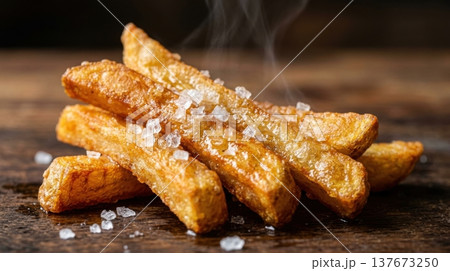 Extreme Macro of Golden French Fries with Sea Salt Crystals Extreme Macro of Golden French Fries with Sea Salt Crystals 137673250