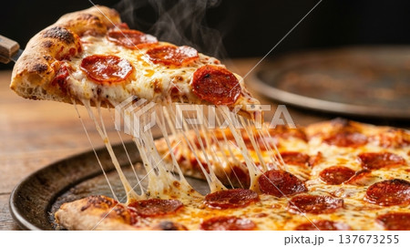 Macro Detail of Stretchy Mozzarella Cheese Pull on Pizza Slice Macro Detail of Stretchy Mozzarella Cheese Pull on Pizza Slice 137673255