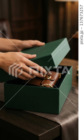 Close Up of Hands Lifting Lid of Premium Forest Green Box 137673257