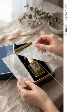 Hands Lifting Delicate Tissue Paper in Luxury Box Reveal Hands Lifting Delicate Tissue Paper in Luxury Box Reveal 137673269