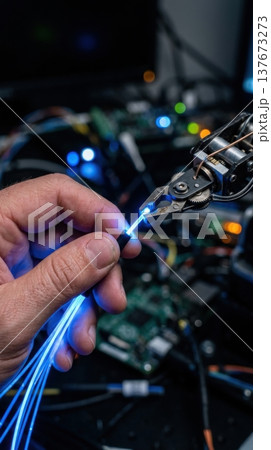 Robotic Arm and Human Hand Splicing Fiber Optic Cables Robotic Arm and Human Hand Splicing Fiber Optic Cables 137673273