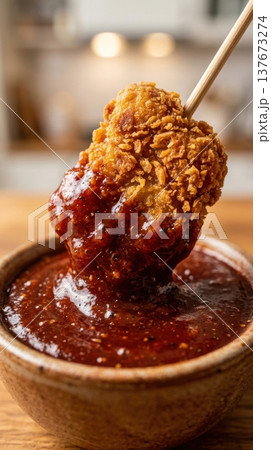 Macro Shot of Crispy Chicken Nugget Dipped into Glossy BBQ Sauce Macro Shot of Crispy Chicken Nugget Dipped into Glossy BBQ Sauce 137673274