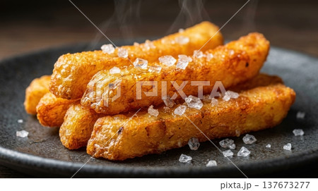 Extreme Macro of Golden French Fries with Sea Salt Crystals Extreme Macro of Golden French Fries with Sea Salt Crystals 137673277