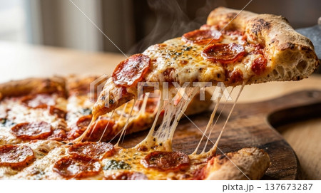 Macro Detail of Stretchy Mozzarella Cheese Pull on Pizza Slice 137673287