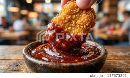 Macro Shot of Crispy Chicken Nugget Dipped into Glossy BBQ Sauce Macro Shot of Crispy Chicken Nugget Dipped into Glossy BBQ Sauce 137673291