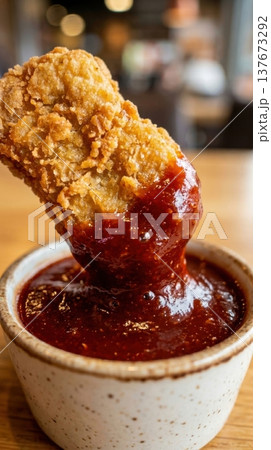 Macro Shot of Crispy Chicken Nugget Dipped into Glossy BBQ Sauce Macro Shot of Crispy Chicken Nugget Dipped into Glossy BBQ Sauce 137673292