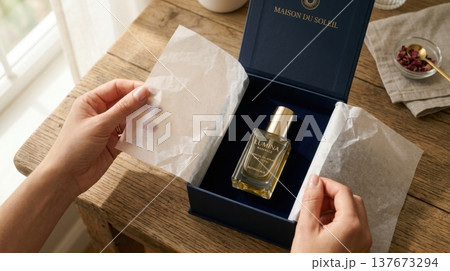 Hands Lifting Delicate Tissue Paper in Luxury Box Reveal 137673294