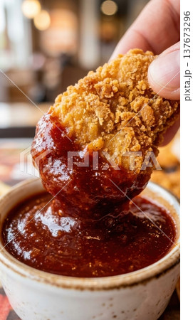 Macro Shot of Crispy Chicken Nugget Dipped into Glossy BBQ Sauce Macro Shot of Crispy Chicken Nugget Dipped into Glossy BBQ Sauce 137673296
