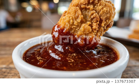 Macro Shot of Crispy Chicken Nugget Dipped into Glossy BBQ Sauce 137673307