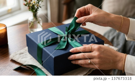 Manicured Hands Untying Silk Ribbon on Premium Gift Box Manicured Hands Untying Silk Ribbon on Premium Gift Box 137673318