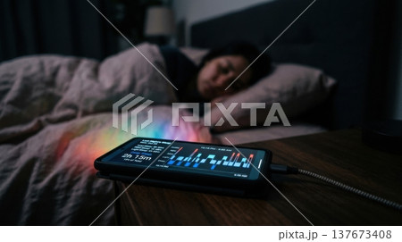 Detailed AI Hypnogram on Smartphone in Dark Night Bedroom 137673408