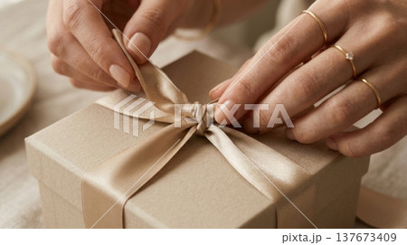 Manicured Hands Untying Silk Ribbon on Premium Gift Box Manicured Hands Untying Silk Ribbon on Premium Gift Box 137673409