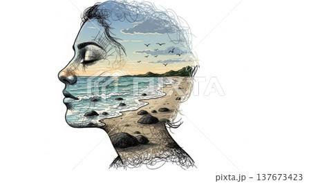 Double Exposure Peaceful Ocean Sunrise Relaxed Portrait Double Exposure Peaceful Ocean Sunrise Relaxed Portrait 137673423