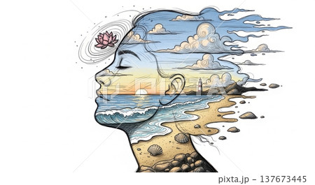 Double Exposure Peaceful Ocean Sunrise Relaxed Portrait Double Exposure Peaceful Ocean Sunrise Relaxed Portrait 137673445