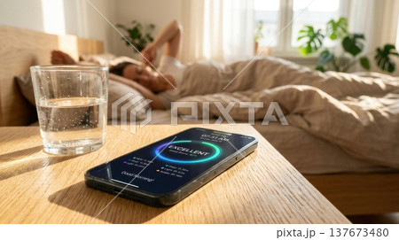 AI Sleep Quality Analysis App in Bright Morning Sun Light 137673480