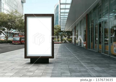 Blank street billboard poster stand mock upnear entace of shopping center in downtown. 3d illustration. Blank street billboard poster stand mock upnear entace of shopping center in downtown. 3d illustration. 137673635