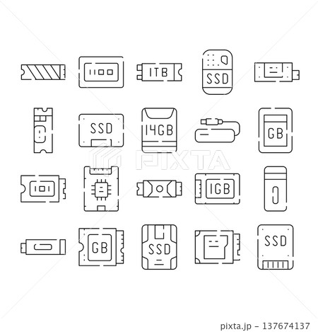 Data storage device line icon collection 137674137