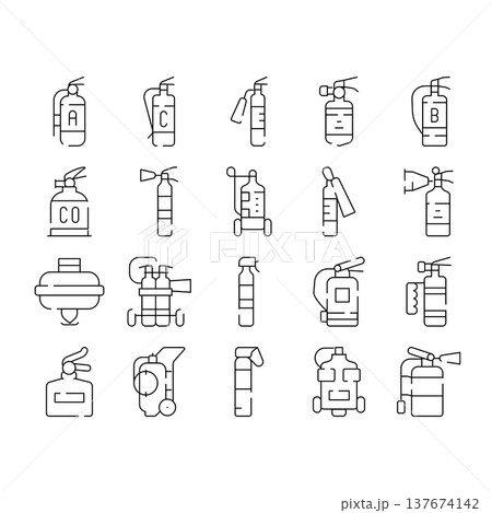 Fire extinguisher icon set preventing emergency safety 137674142