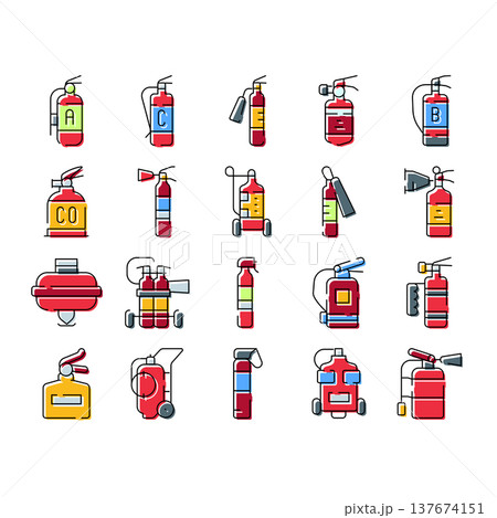 Different types fire extinguishers safety equipment collection 137674151