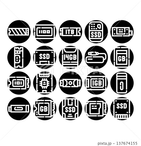 Computer hardware memory and storage glyph icons Computer hardware memory and storage glyph icons 137674155