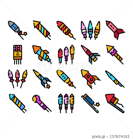 Set of colorful fireworks and firecracker icons Set of colorful fireworks and firecracker icons 137674181