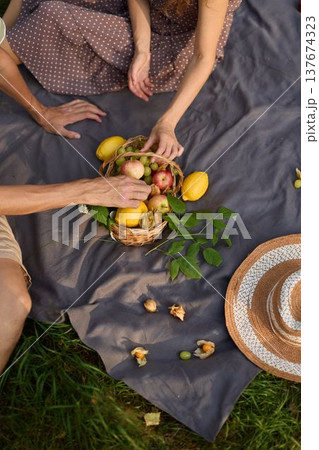 Calm scene with ripe apples and pears displayed naturally 137674323