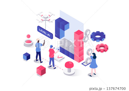 Virtual reality 3d isometric concept in geometry graphic design for web. People using VR headsets and controllers for video game, playing in visual space with simulation tech. Illustration. 137674700