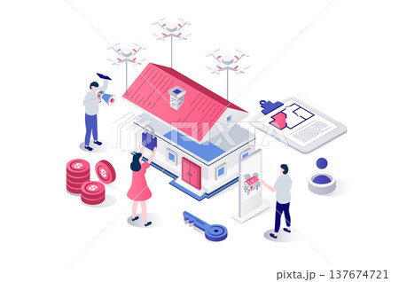 Real estate 3d isometric concept in geometry graphic design for web. People building residential houses, planning architecture projects, investing money in construction industry. Illustration. 137674721