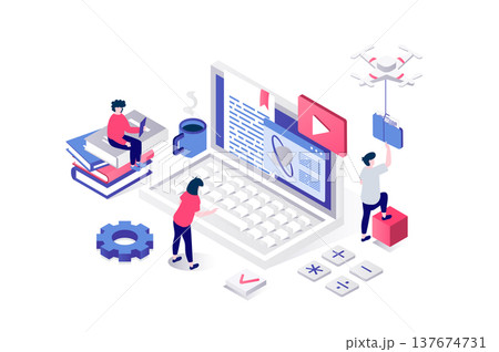 Modern education 3d isometric concept in geometry graphic design for web. People learning distantly at study courses by laptop, reading digital textbooks and watching videos. Illustration. 137674731