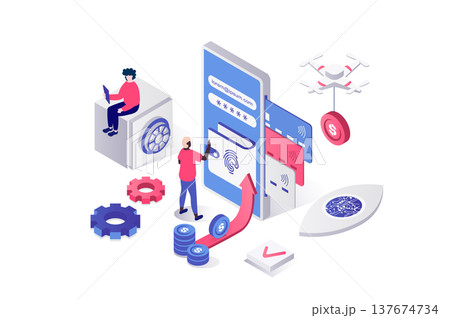 Mobile wallet app 3d isometric concept in geometry graphic design for web. People login with fingerprint scan to banking account with digital credit card, managing own finance. Illustration. 137674734
