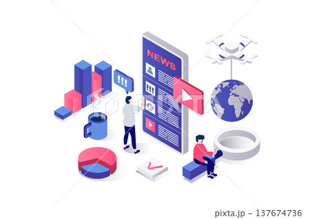 Mobile news 3d isometric concept in geometry graphic design for web. People reading daily global news, online articles and new posts in social media, watch video in mobile app. Illustration. Mobile news 3d isometric concept in geometry graphic design for web. People reading daily global news, online articles and new posts in social media, watch video in mobile app. Illustration. 137674736