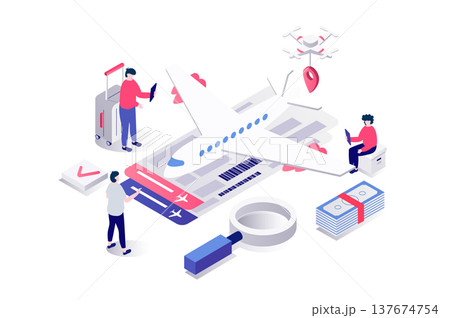 Booking flight 3d isometric concept in geometry graphic design for web. People with luggage go in vacation, searching and buying airline tickets to plane by internet or using app. Illustration. Booking flight 3d isometric concept in geometry graphic design for web. People with luggage go in vacation, searching and buying airline tickets to plane by internet or using app. Illustration. 137674754