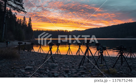 Smartphones and cameras on tripods on the edge of a viewing platform in a picturesque canyon during sunrise. Conceptual ideas for travel blogging, outdoor photography, and influencer culture. 137675246