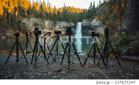 Smartphones and cameras on tripods on the edge of a viewing platform in a picturesque canyon during sunrise. Conceptual ideas for travel blogging, outdoor photography, and influencer culture. Smartphones and cameras on tripods on the edge of a viewing platform in a picturesque canyon during sunrise. Conceptual ideas for travel blogging, outdoor photography, and influencer culture. 137675247