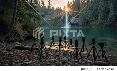 Smartphones and cameras on tripods on the edge of a viewing platform in a picturesque canyon during sunrise. Conceptual ideas for travel blogging, outdoor photography, and influencer culture. Smartphones and cameras on tripods on the edge of a viewing platform in a picturesque canyon during sunrise. Conceptual ideas for travel blogging, outdoor photography, and influencer culture. 137675248