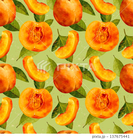 Summer Peach Art, Beautiful Handpainted Watercolor Slices Of Ripe Peaches With Textured Background Summer Peach Art, Beautiful Handpainted Watercolor Slices Of Ripe Peaches With Textured Background 137675441