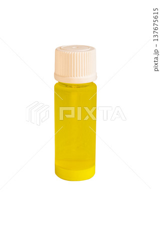 Laboratory plastic vial with bright yellow liquid chemical sample 137675615