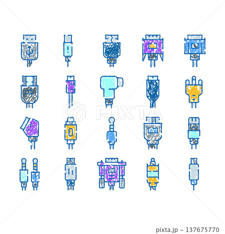 Colorful doodle icons representing tech hardware connectors 137675770