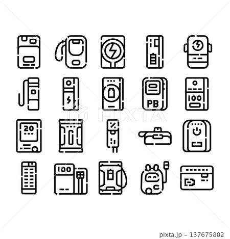 Portable power bank battery charger gadget icons collection 137675802